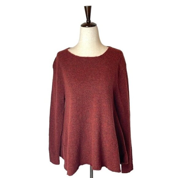 Eileen Fisher Red Wool Blend Boat Neck Boucle Swing Hem Pullover Sweater Size XS - Picture 1 of 8